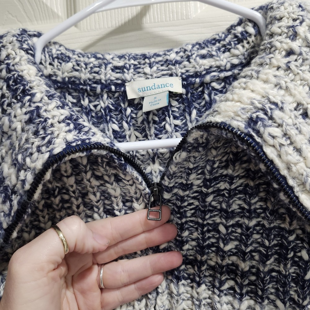 Sundance Women's Chunky Knit Zip Up Sweater Blue White Marled Collared Size S - Picture 6 of 15